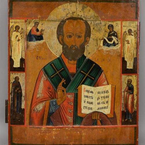 Null 圣尼古拉的圣像被基督、玛丽、天使和福音书的约翰包围着，俄罗斯18世纪，蛋彩画在面板上，背面是西里尔语的铭文-修饰，2个sponki（B）。

36 x&hellip;