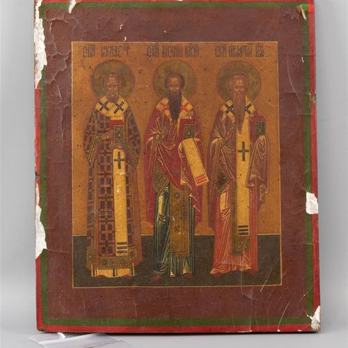 Null 三位圣人的圣像。神奇的尼古拉，伟大的巴西勒和上帝的使者伊格内修斯，俄罗斯19世纪，蛋彩画在面板上 - 许多油漆损失，碎片部分存在，2sponki丢失（&hellip;