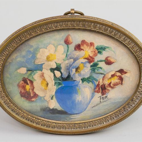 Null A miniature painting, flower still life, Frore? signed, in oval brass frame&hellip;