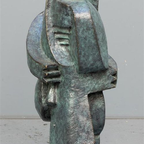 Null A modern cubist sculpture of embracing figures, green patinated bronze (A).&hellip;