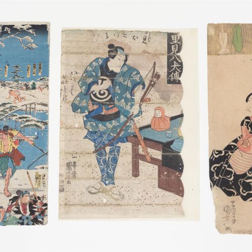 Null 三幅彩色木刻画。宇田广重(1797-1858)留下的染织品《楚星村夜袭》的一部分，宇田国吉(1797-1861)的《传说中的47名浪人》系列的两幅版画&hellip;