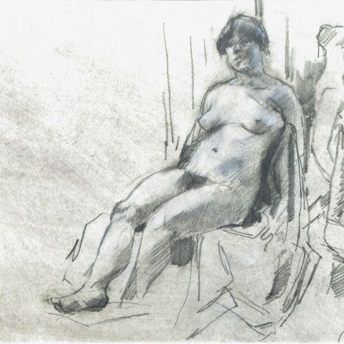 Gerard de Wit (1931 - 2010) Zittend naakt 炭笔画，右下角有签名。宽24x30厘米/60.5x50.5厘米