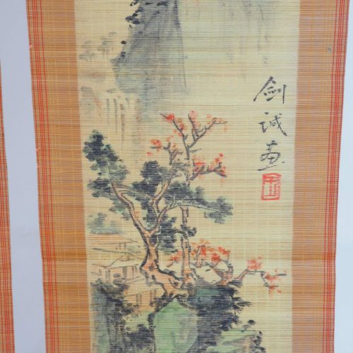 Paintings on bamboo, scroll paintings, 2 pieces. 竹子上的画，卷轴画，2件。

竹纤维上的水彩画。描绘的是风景。&hellip;