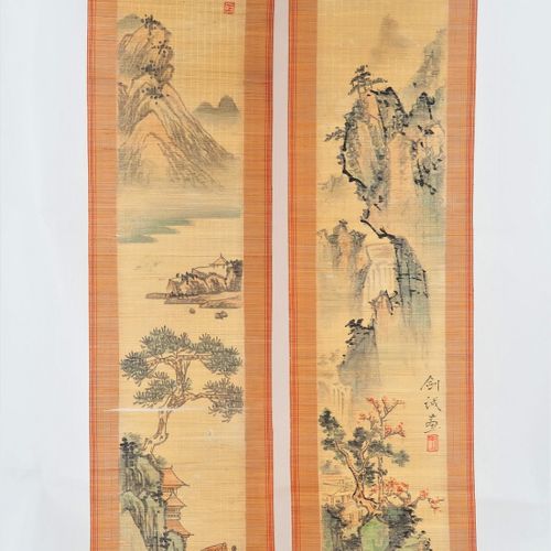 Paintings on bamboo, scroll paintings, 2 pieces. Paintings on bamboo, scroll pai&hellip;