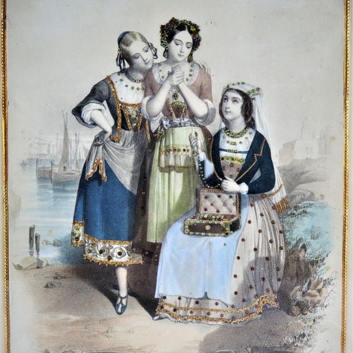 Pair of coloured engravings, female figures, "L. Loize", probably France around &hellip;