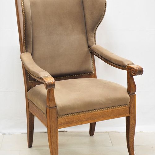 Late Biedermeier wing chair, oak. Late Biedermeier wing chair, oak.

Pointed sab&hellip;