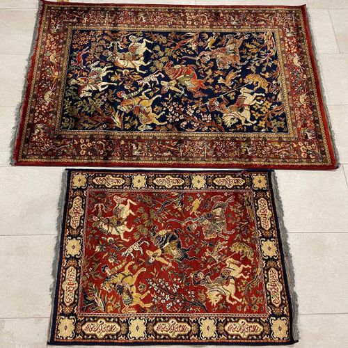 2 carpets with hunting motif - marked Lahore & Kashan 2 carpets with hunting mot&hellip;