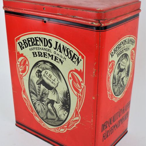 Large advertising tin, 30s 大型广告罐，30年代

带铰链盖的铁罐，长方形。四面都有 "Berends Janssen "公司的咖啡贸&hellip;