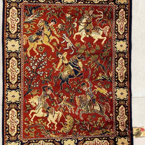 2 carpets with hunting motif - marked Lahore & Kashan 2 carpets with hunting mot&hellip;