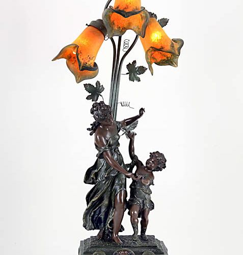 Tischlampe 1900年左右的风格，灯座是以A.Moreau的铜像为蓝本，在棕色和绿灰色的浮雕底座上，有一对跳舞的夫妇。三个花形的灯罩，由pâte-de&hellip;