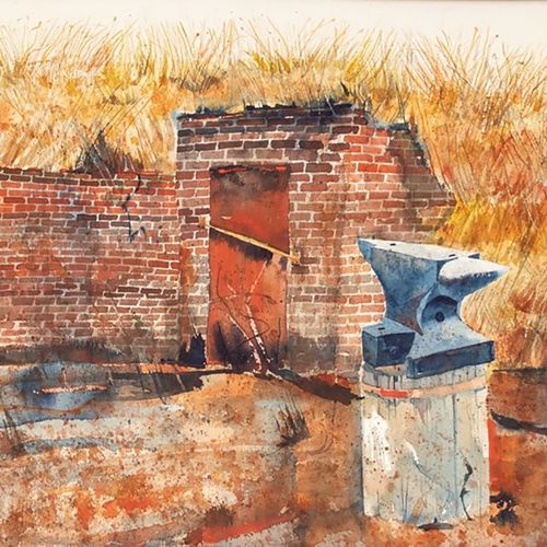 Bruce Pierce 布鲁斯-皮尔斯
1937年缅因州 - 2011年 - 有墙和铁砧的院子 - 水彩/纸上纸板。36 x 56 厘米。签名和日期：PIER&hellip;