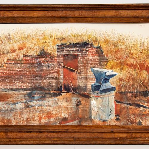 Bruce Pierce 布鲁斯-皮尔斯
1937年缅因州 - 2011年 - 有墙和铁砧的院子 - 水彩/纸上纸板。36 x 56 厘米。签名和日期：PIER&hellip;