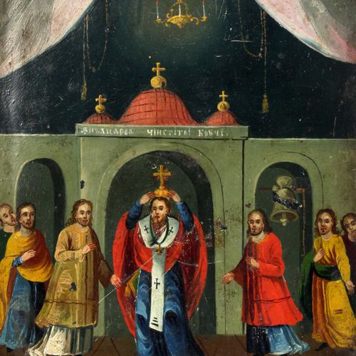 Null 19世纪的俄罗斯壁炉，金属板上画着一个族长的加冕仪式，玛丽和约瑟夫在一张桌子上，背面是餐具。一个仆人给玛丽一个碗。前景是摇篮中的儿童耶稣。有西里尔语题&hellip;