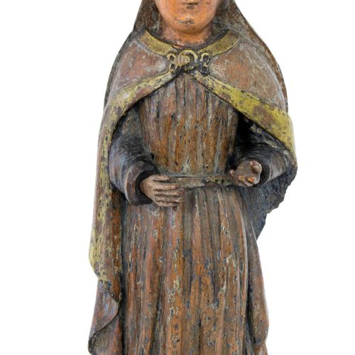 Null 西班牙罗马式圣母像。带皇冠的圣母站立图。雕刻的硬木和旧画的残留物。高40厘米。关键词：神圣、宗教、圣人、圣洁、西班牙、西班牙人、西班牙、雕塑、造型艺术&hellip;