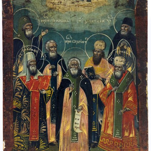 Null ICÔNE RUSSE 19ème siècle Sept saints orthodoxes. 3 anges flottant dans les &hellip;