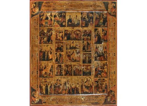 Null 延长的节日图标，有基督升入地狱和复活的图案
俄罗斯，19世纪后半期。木头上的金箔油彩。擦伤。53 x 44 厘米。中心区域被基督生活的12个场景和东正&hellip;