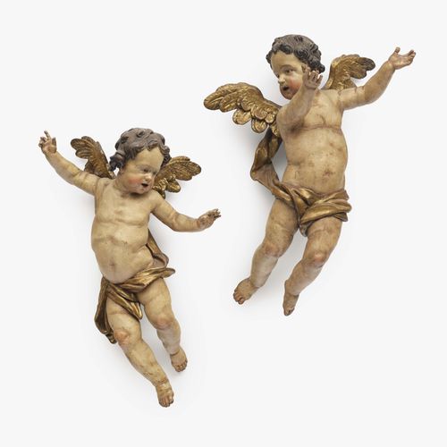 Null 一对天使
巴伐利亚斯瓦比亚，约1720年 面对面。低头看，举起手臂。圆滑的解剖学模型。树皮，全圆型雕刻，大坝。多色漆已经过了。高77厘米，宽83厘米。