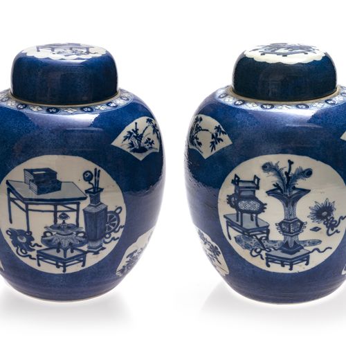 Ein Paar Ingwertöpfe - China, Qing 一对姜壶 中国，清代瓷器。粉蓝色的釉面。凹陷的保护区内有幸运符号和开花的灌木。在一个盖子上&hellip;