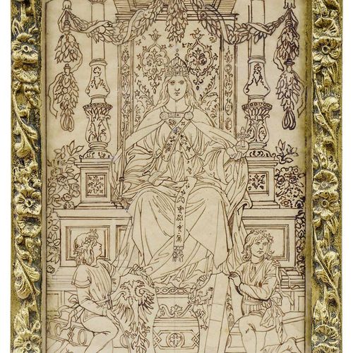 Null 统治者在她的宝座上 - 19世纪末 - 墨水笔画/纸。右下角有签名。19 x 12厘米；在玻璃下晒干。