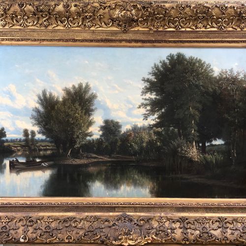 Null Camille FLERS (1802-1868). Paysage champêtre, deux pêcheurs sur une barque.&hellip;