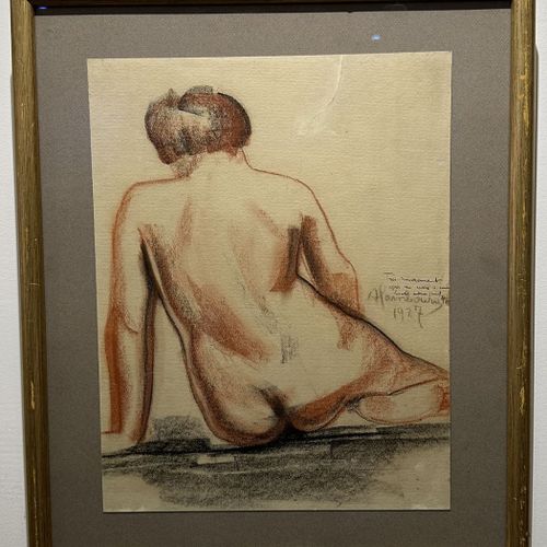 Null André HAMBOURG (1909-1999). Nu féminin de dos. 1927. Fusain et crayon noir &hellip;