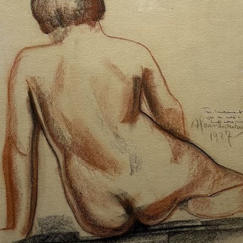Null André HAMBOURG (1909-1999). Nu féminin de dos. 1927. Fusain et crayon noir &hellip;