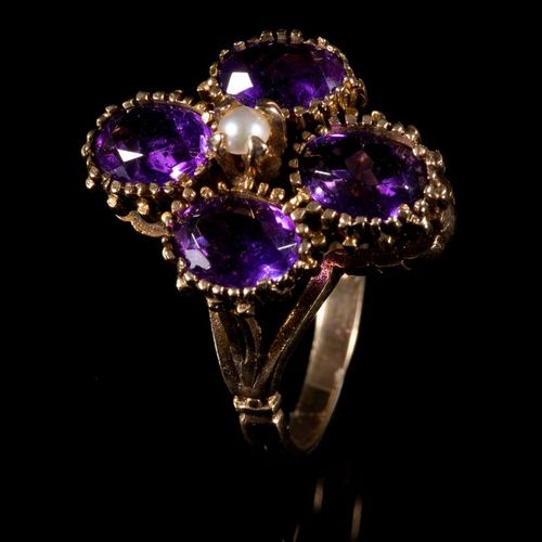 FREE POST 9 kt. Yellow gold - Ring Amethyst - Pearl EXPÉDITION INTERNATIONALE SU&hellip;
