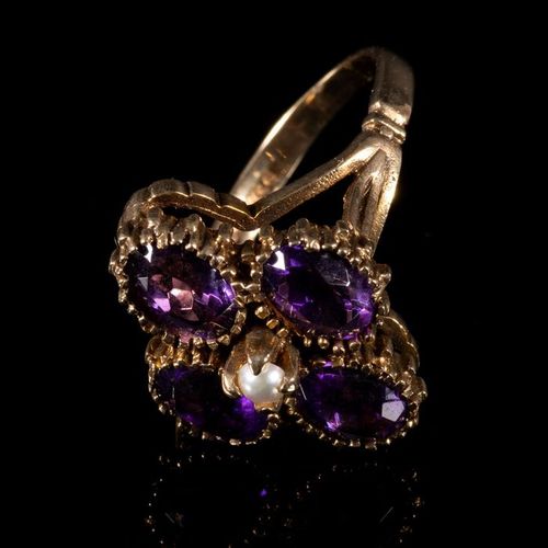 FREE POST 9 kt. Yellow gold - Ring Amethyst - Pearl EXPÉDITION INTERNATIONALE SU&hellip;