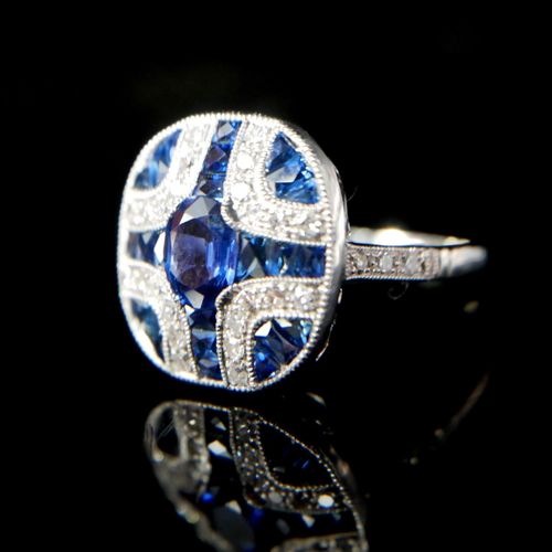 Null AN ART DECO STYLE PLATINUM, SAPPHIRE AND DIAMOND PANEL RING

Boxed. 

(Size&hellip;