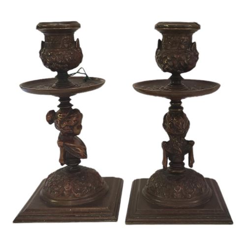 Null A PAIR OF 19TH CENTURY CONTINENTAL PATINATED BRONZE CHAMBER CANDLESTICKS_x0&hellip;