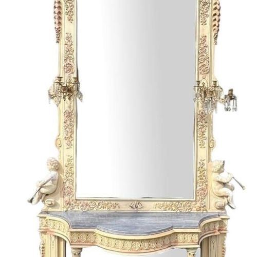 Null 一对令人印象深刻的 19 世纪大型彩绘雕刻木质石膏粉台桌和镜子
镜子配有烛台，镜框上装饰着叶形乐器、戏剧面具和四个吹小号的油灰人，桌子的顶部镶嵌着异形&hellip;