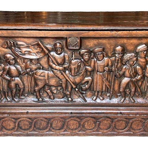 Null A RARE 15TH CENTURY FRENCH CARVED WALNUT COFFER,With hinge lid above carved&hellip;