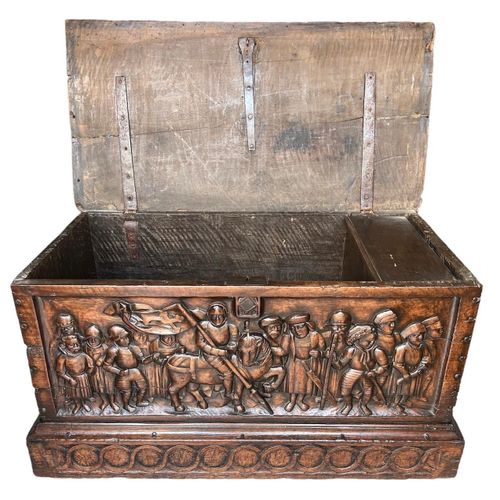 Null A RARE 15TH CENTURY FRENCH CARVED WALNUT COFFER,With hinge lid above carved&hellip;