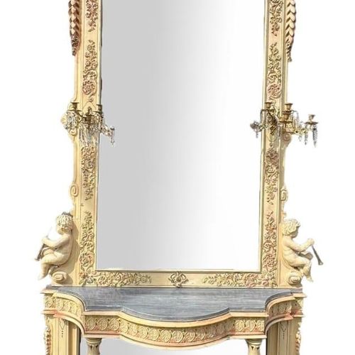 Null 一对令人印象深刻的 19 世纪大型彩绘雕刻木质石膏粉台桌和镜子
镜子配有烛台，镜框上装饰着叶形乐器、戏剧面具和四个吹小号的油灰人，桌子的顶部镶嵌着异形&hellip;