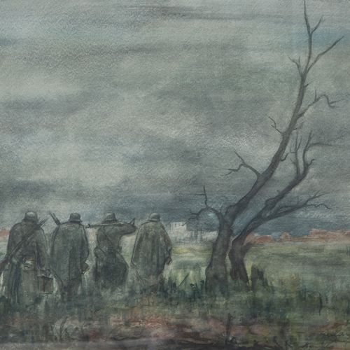 Null 未知艺术家（二战，第三帝国），四名德国国防军士兵带着全套装备在野外奔跑，水彩画，右下方有难以辨认的签名、题词和日期。(19)43，纸张约44 x 58&hellip;