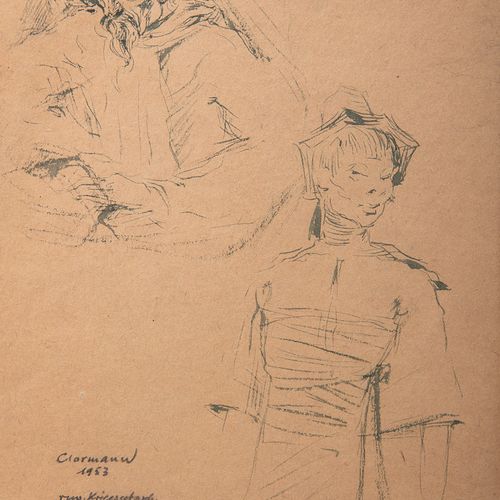 Null 无名艺术家（20世纪），描绘两个亚洲人，钢笔和墨水画，左面有签名和题词 "Clormann 1953, Russ.亚洲斯大林格勒战俘"，约22.5 x&hellip;