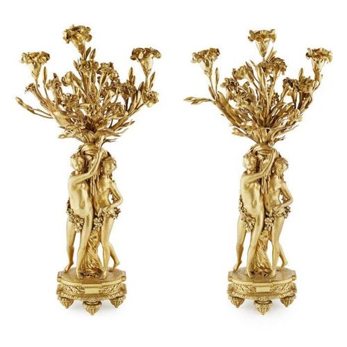 A LARGE PAIR OF 19TH CENTURY FRENCH GILT BRONZE FIGURAL CANDELABRA AFTER THE MOD&hellip;