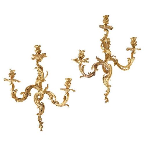 A PAIR OF 19TH CENTURY FRENCH GILT BRONZE ROCOCO STYLE THREE LIGHT WALL APPLIQUE&hellip;