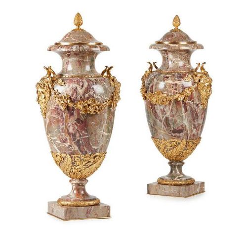 FINE PAIR OF LARGE RUSSIAN GILT BRONZE MOUNTED VEINED MARBLE URNS 19TH CENTURY J&hellip;