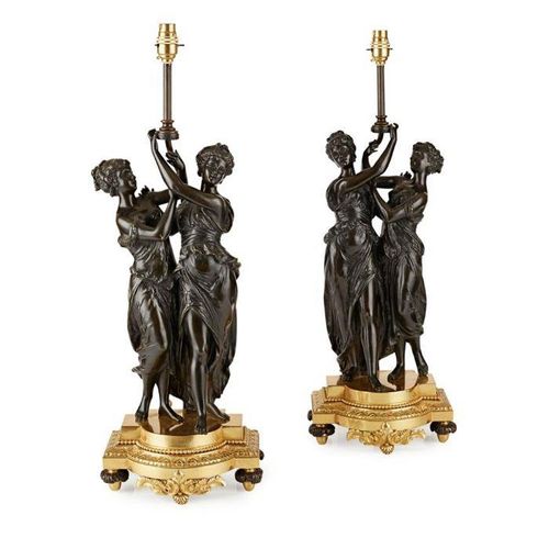 A PAIR OF LATE 19TH / EARLY 20TH CENTURY FRENCH BRONZE FIGURAL LAMP BASES IN THE&hellip;