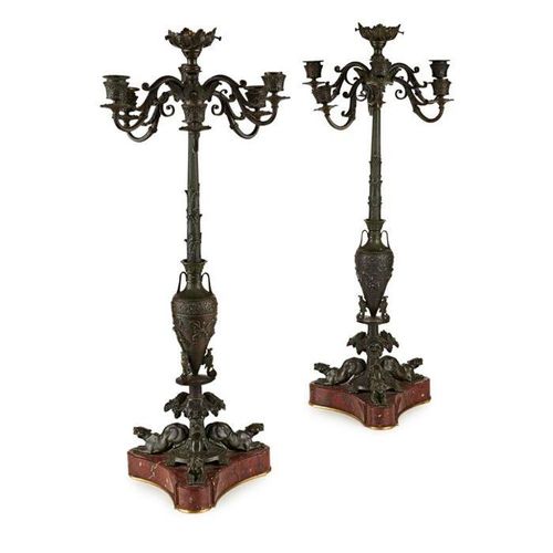 A PAIR OF 19TH CENTURY FRENCH BRONZE AND MARBLE NEO-GREC STYLE CANDELABRA POSSIB&hellip;