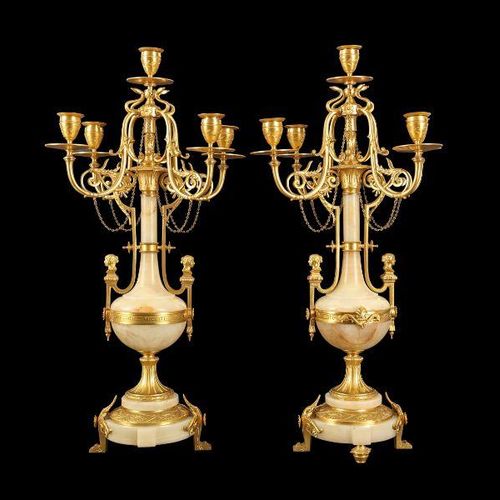 A FINE PAIR OF LATE 19TH CENTURY FRENCH GILT BRONZE AND ALGERIAN ONYX CANDELABRA&hellip;