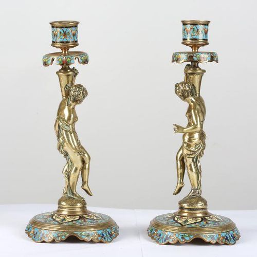 A PAIR OF LATE 19TH CENTURY FRENCH BRONZE AND CHAMPLEVE ENAMEL FIGURAL CANDLESTI&hellip;