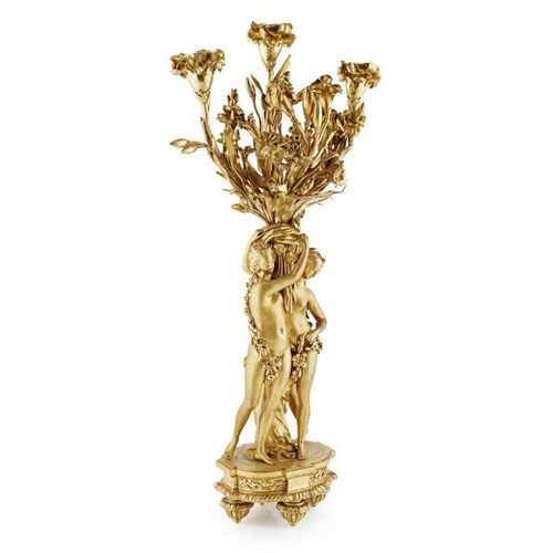 A LARGE PAIR OF 19TH CENTURY FRENCH GILT BRONZE FIGURAL CANDELABRA AFTER THE MOD&hellip;
