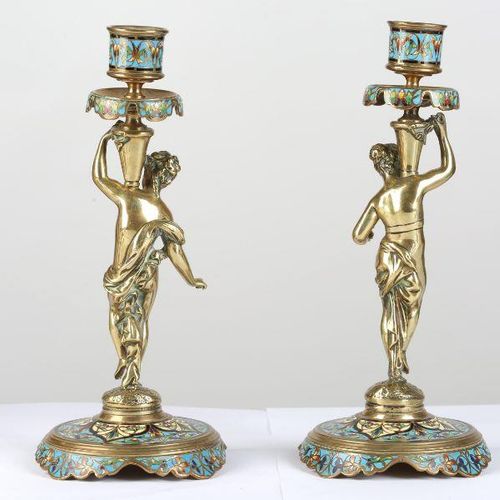 A PAIR OF LATE 19TH CENTURY FRENCH BRONZE AND CHAMPLEVE ENAMEL FIGURAL CANDLESTI&hellip;