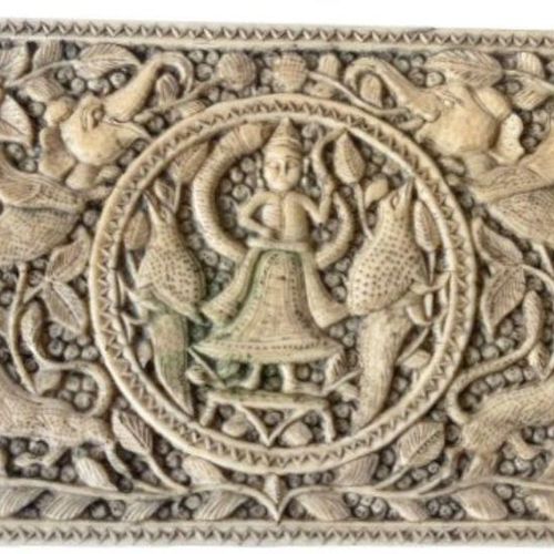 17th Century Indian Carved Ivory Plaque Depicting Elephants & Tigers With A Sacr&hellip;