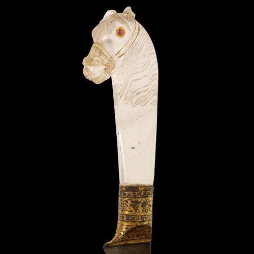 AN 18TH CENTURY GOLD & RUBY INDIAN MUGHAL ROCK CRYSTAL HORSE HEAD DAGGER (PESHKA&hellip;