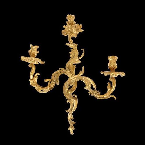 A PAIR OF 19TH CENTURY FRENCH GILT BRONZE ROCOCO STYLE THREE LIGHT WALL APPLIQUE&hellip;