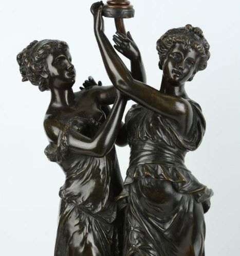 A PAIR OF LATE 19TH / EARLY 20TH CENTURY FRENCH BRONZE FIGURAL LAMP BASES IN THE&hellip;