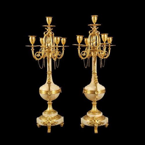 A FINE PAIR OF LATE 19TH CENTURY FRENCH GILT BRONZE AND ALGERIAN ONYX CANDELABRA&hellip;